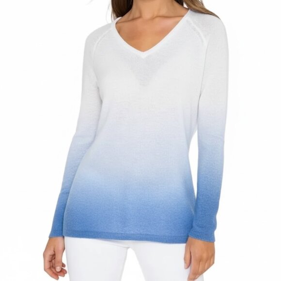 Cashmere Kinross Ombre Vee Sweater Blue White Boho Size Large Heritagecore - Picture 1 of 7